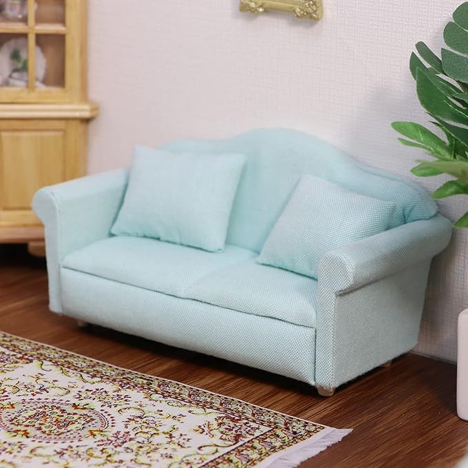 Dollhouse Couch Miniature Furniture Sofa with Pillows for Living Room Desktop Decoration Fabric Sofa Mini Home Scene Accessories Ornament (Double Sofa, Green)