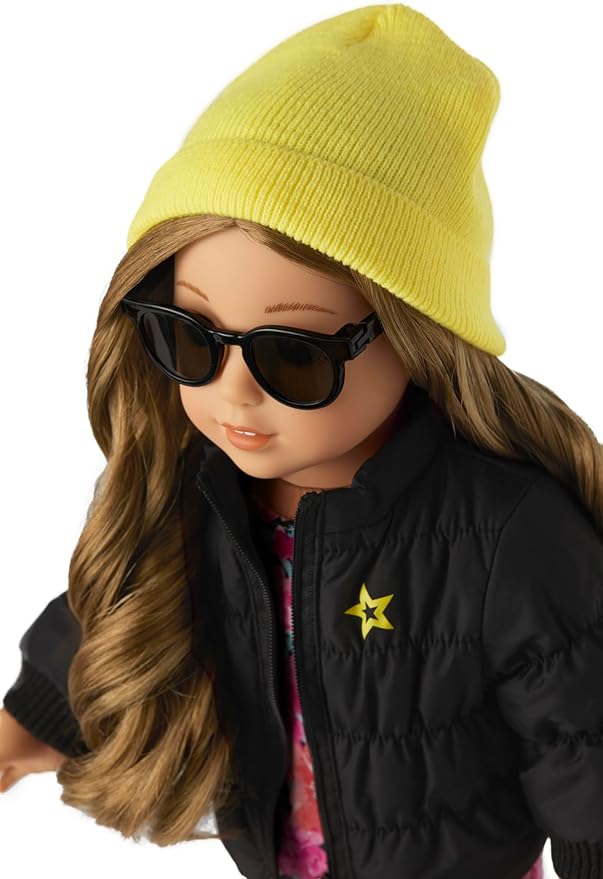 American Girl Truly Me 18-inch Doll Accessories Black Puffer Jacket, Yellow Knit Beanie, and Sunglasses, For Ages 6+