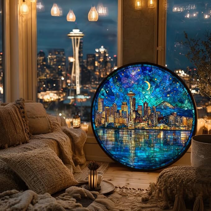 Bgraamiens 1000 Piece Jigsaw Puzzles for Adults – Seattle Skyline at Night – Stained Glass Style Cityscape with Moonlit Reflection – Artistic Urban Gift Challenge