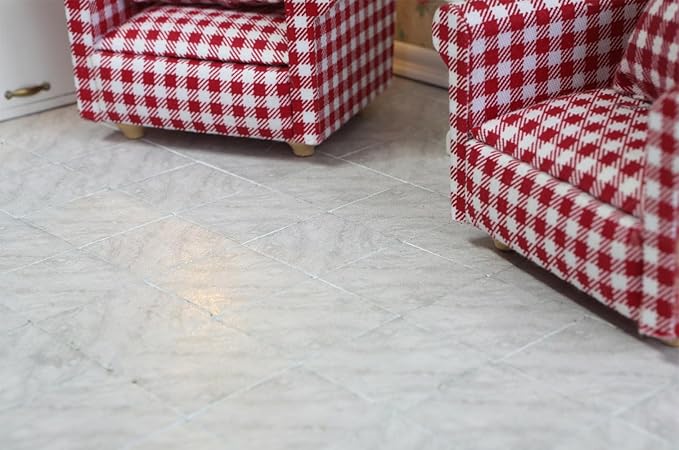 iLAND Dollhouse Flooring on 1/12 Scale 1/6 Scale, Miniature Dollhouse Accessories, 115pcs Double-Sided Dollhouse Floor Tiles (French White Floral & Grey Marble Tiles)