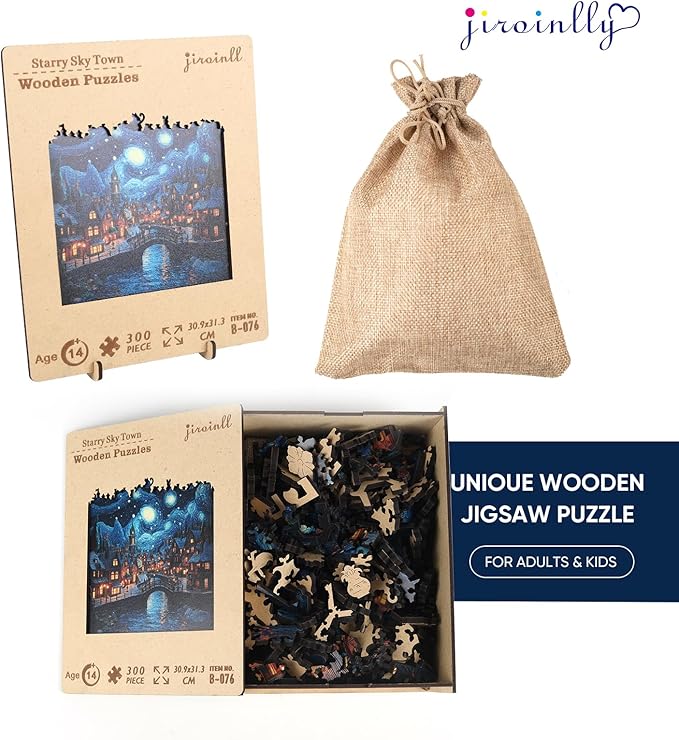 Jiroinlly Wooden Puzzles for Adults 300 Pieces, Starry Sky Town, 5MM Thick Adult Jigsaw Puzzles, Unique Shaped Puzzle for Family and Friends, Home Wall Decor, Exquisite Packaging Gift, 12.1x12.3 in