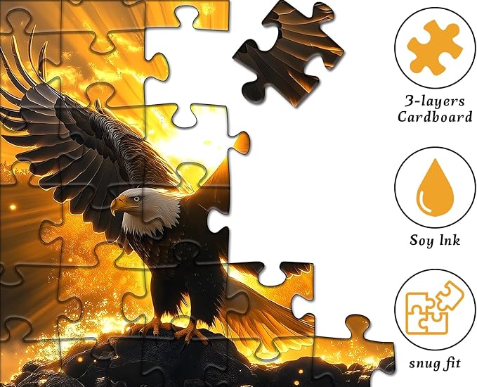 Solar Eagle Puzzle for Adults 1000 Pieces, Majestic Bald Eagle with Golden Sunrise Artwork Wings of Glory, Freedom Faith Animal Bird Jigsaw Puzzle