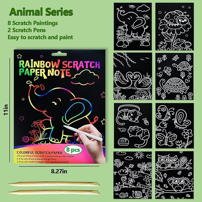 JUNQIU Scratch Art for Kids, Rainbow Scratch Paper Art Set - Animals, Arts and Crafts for Girls Boys Ages 4-8, Activity & Christmas Crafts, Stocking Stuffers for Kids