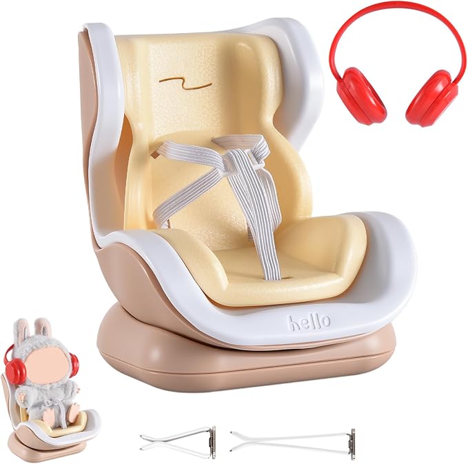 Doll Car Seat, Car Seat for 10-17cm Dolls, Including Air Vent Clip, Desktop Stand, Adjustable Strap, Airflow-Friendly Design, Ideal Car Decor Gifts(Brown White)