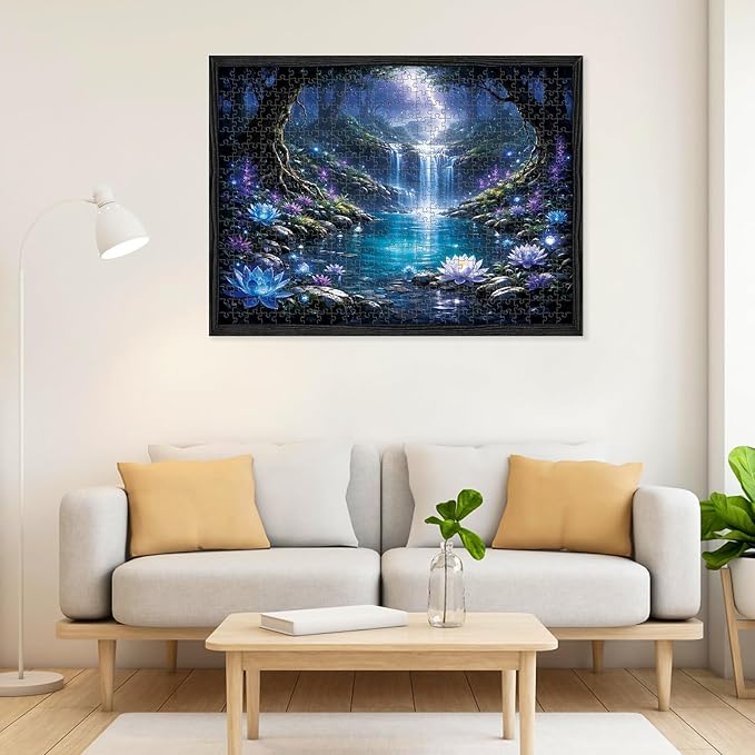 500 Piece Puzzles for Adults, Enchanted Waterfall Lotus 500 Piece Puzzle, Magical Forest Stream Jigsaw Puzzle, Perfect for Family Time, Stress Relief, Gift for Adults, Seniors, 20.5 x 15 in
