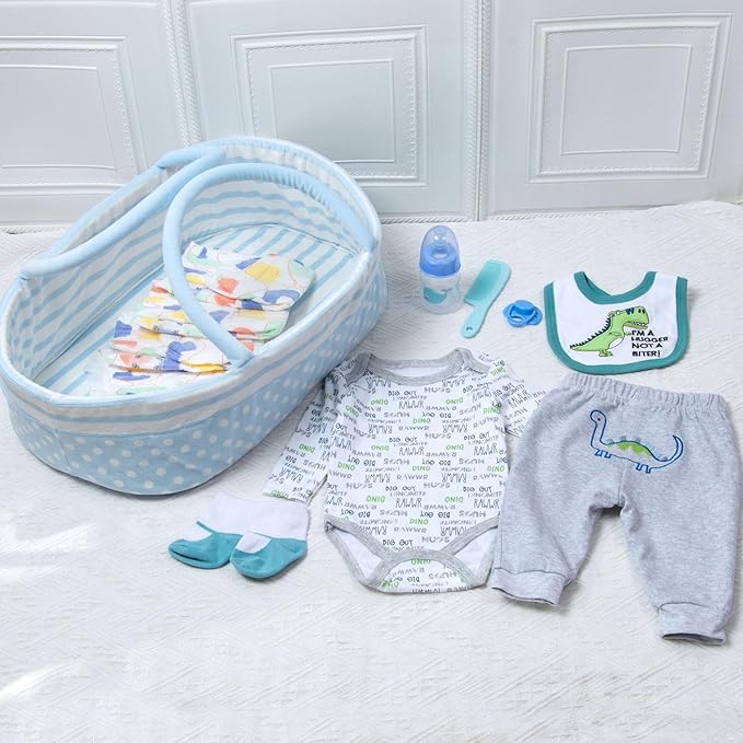 12Pcs Reborn Boy Baby Doll Clothes Accessories Dinosaur Clothes for Reborn Baby Doll 17-22 Inch Realistic Outfits with Bassinet Diapers Blue Newborn Doll Stuffs