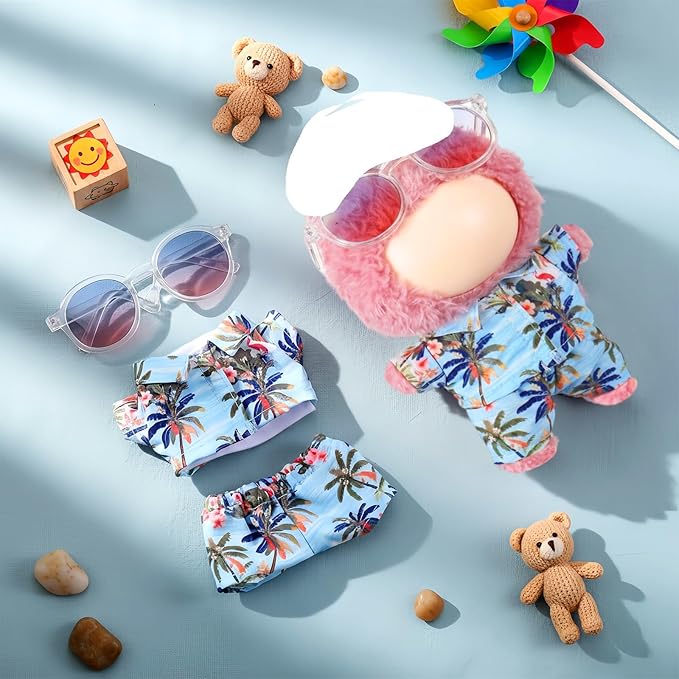 Simgoing 4 Pcs 17cm Dolls Hawaii Outfit Set Summer Floral Shirt Shorts White Vest and Mini Sunglasses Vacation Style Doll Clothes with Accessories Beach Apparel for 17cm Dolls (Tropical Coconut Style)