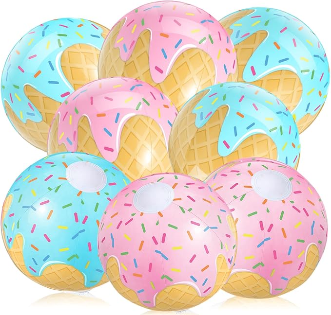 8 Pack Ice Cream Themed Beach Ball 7.87" Bulk for Summer Pool and Beach Game Gifts Birthday Party Supplies Decorations Favor Blue and Pink