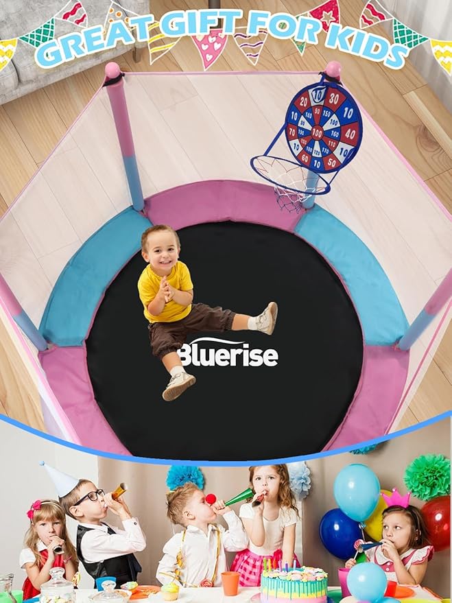 BLUERISE 55IN 6FT Toddler Trampoline for Kids Indoor Outdoor Play for Kids Trampoline Basketball Hoop Attachment with Enclosure Net Easy to Assemble