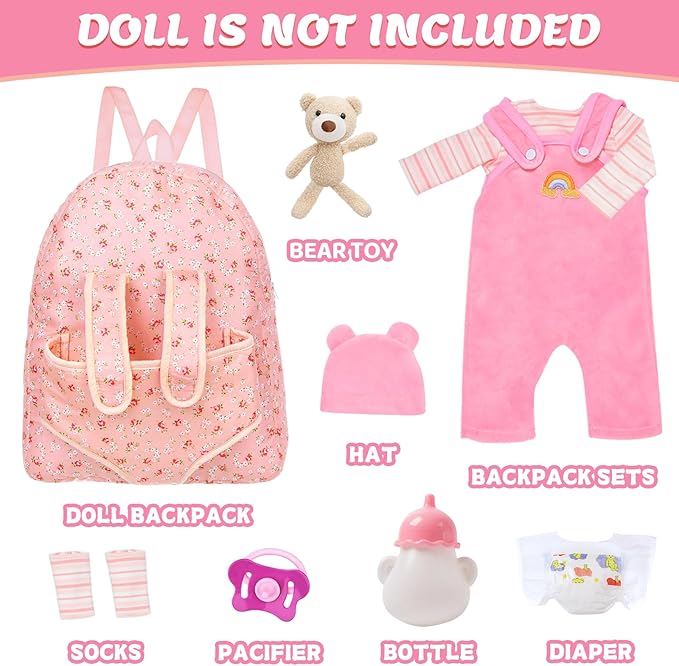 Baby Doll Clothes with Backpack Carrier for 14-18 Inch Doll,Reborn Baby Dolls Accessories Set with Bottles Pacifiers for Toddlers and Kids 2 3 4 5 Year Old（Dolls not Included）