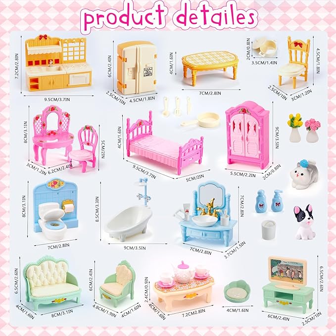 HAPGFS 45 Pcs Dollhouse Furniture Set Accessories Pretend Play Bedroom Living Room Bathroom Kitchen Doll House Mini Furniture for Kids Birthday and Christmas 4 Colors