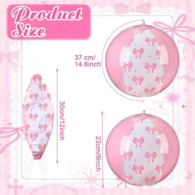 24 Pcs 9 Inch Pink Bow Inflatable Beach Balls Coquette Cute Pool Floats PVC Balls for Summer Hawaiian Tropical Theme Beach Pool Bachelorette Party Supplies (Pink White)