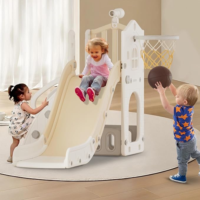 XJD 5 in 1 Toddler Slide, Kids Slide for Toddlers Age 1-3, Outdoor Indoor Playset for Toddlers with Basketball Hoop and Ball, Storage Space Birthday Gifts for Toddler (Beige)