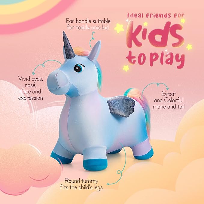 U&C Planet Multi Colored Unicorn Bouncy Horse for Toddlers, Bouncy Animals for Toddlers, Animal Hopper Bouncing Toys Gift for 18 Months 2 3 4 5 6 Years Old Outdoor Indoor with Pump