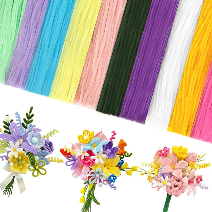 Peryiter 500 Pieces Pipe Cleaners Chenille Stems for Flowers Craft Supplies Bulk Fluffy Fuzzy Sticks for DIY Art Projects Creative Gift Wrapping Party Decorations(Colorful Flowers,12 Inch)