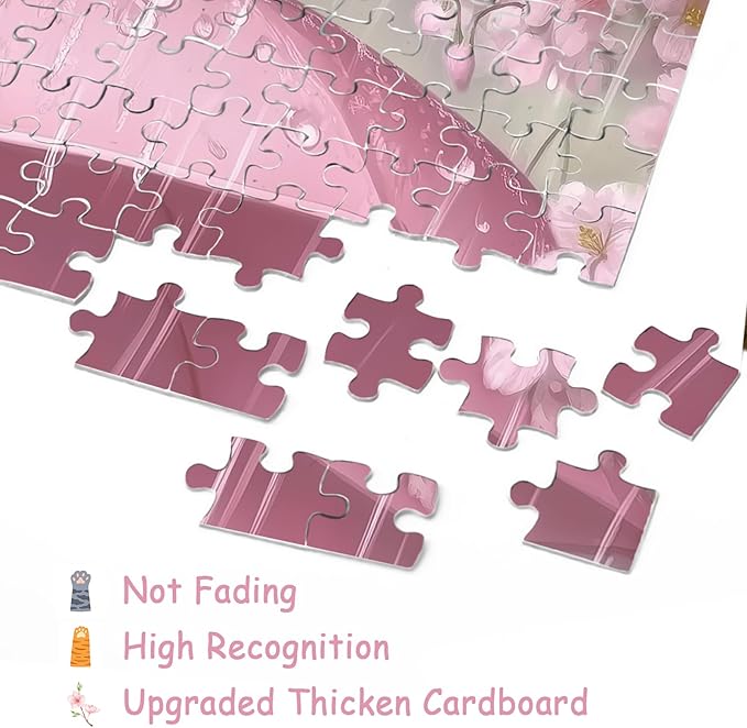 Cat Flower Puzzle for Adults 1000 Pieces, Cute Floral Jigsaw Puzzle,Cherry Blossom Kitten Rain Puzzle