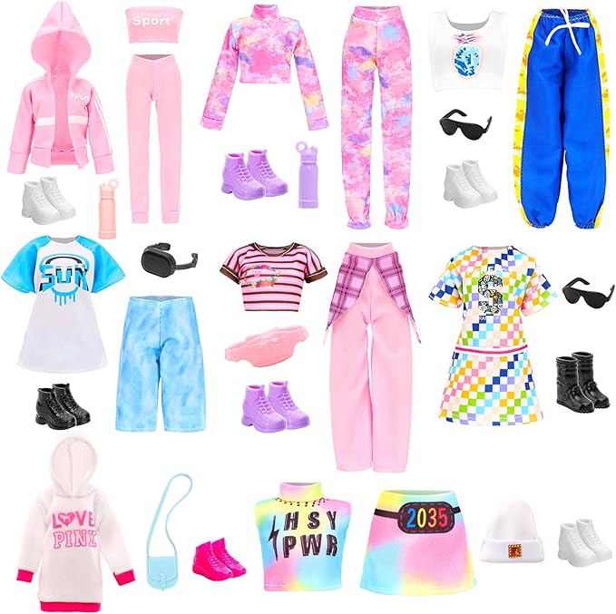 24 PCS Doll Clothes & Accessories 8 Set Clothing Includes Sport Outfit, Hooded Dress, Sportsuits, Skirt, with 8 Pairs of Shoes, 8 Accessories for 11.5 Inch Girl Dolls Cool Style Set
