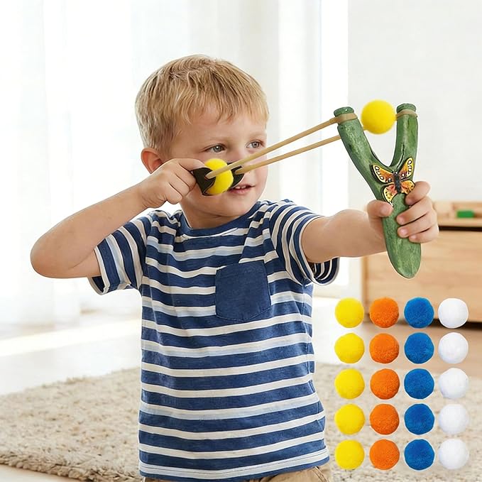 LANJAY Solid Wood Slingshot with Custom Engraving, Includes Clay Balls & Pompoms - Target Shooting & Outdoor Activity Toy for Kids & Adults, Ideal Children's Gift