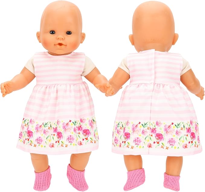 4 Sets Baby Doll Dress Knitted Hat Outfit Dolls Accessories with Baby Doll Socks for 14 Inch to 17 Inch Dolls (Pink and Flowers Style)