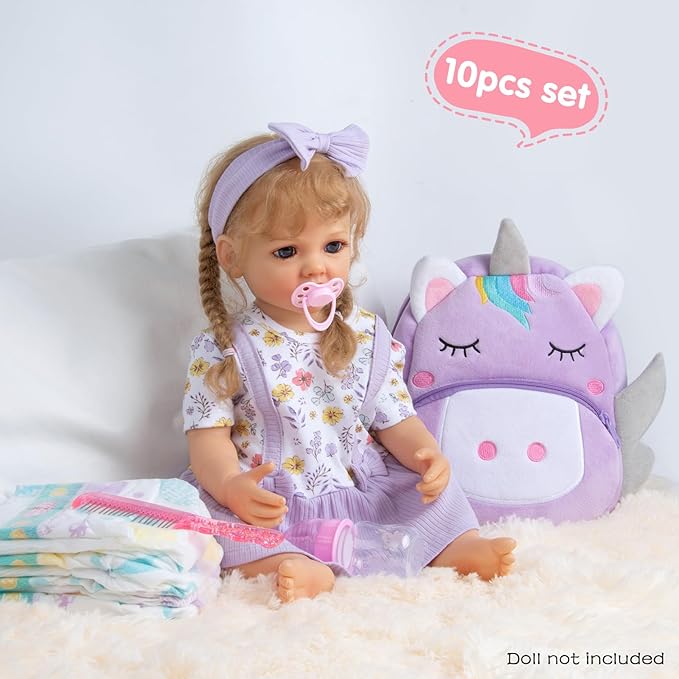 10Pcs Reborn Baby Doll Accessories Set, Purple Reborn Dolls Baby Clothes 17-22 Inch Girl Doll Outfit Floral Dress with Backpack & Feeding Babydoll Accessories