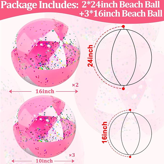 TURNMEON 5 Pcs Glitter Beach Balls, Jumbo 24 Inch & 16 Inch Sequins Pink Inflatable Beach Balls for Kids Toddlers Adults Summer Pool Balls Beach Toys Outdoor Pool Party Favors