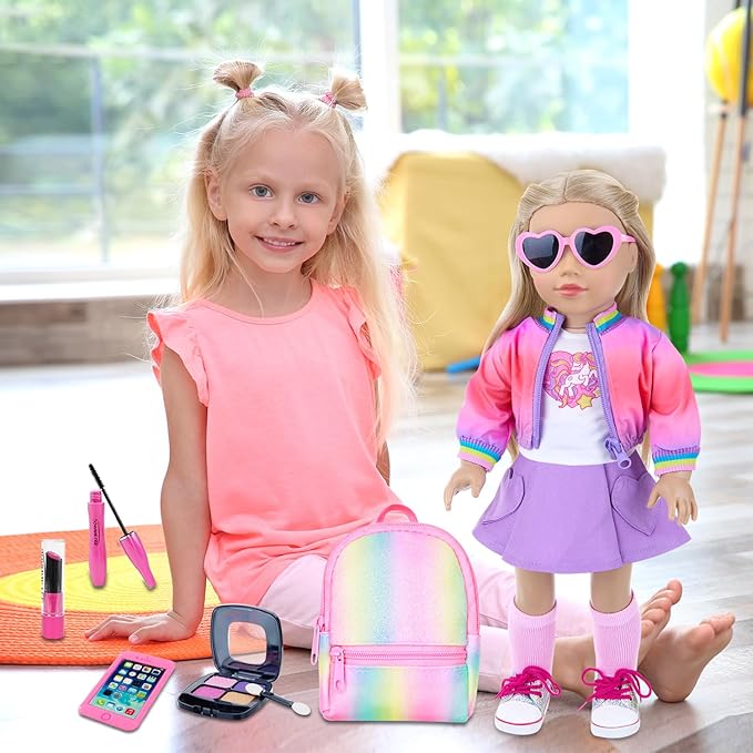 American 18 Inch Doll Clothes and Makeup Accessories Set - Dolls Makeup and Outfit Playsets Bundle with Rainbow Backpack and Fashion Essentials (Doll NOT Included)