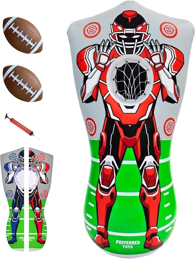 65” Inflatable Football Target Net Toss Game - Double-Sided Throwing Practice Football Stuff with Mini Balls - Backyard Tailgate Party Sports Toy for Kids & Adults