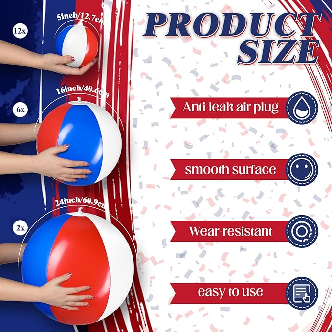 Sratte 20 Pcs Inflatable Beach Balls Bulk, Multiple Sizes Summer Swimming Pool Balls for Adults Hawaii Luau Party Supplies(Red, Blue, White,Classic)
