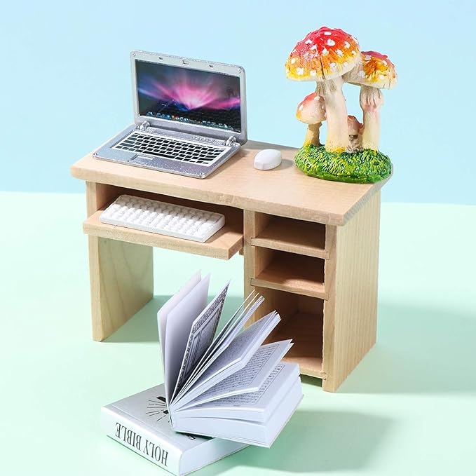 Dollhouse Miniature Laptop Computer and Office Table Doll House Simulation Notebook Accessories for Doll 1/6 1/12 Miniatures Pretend Play