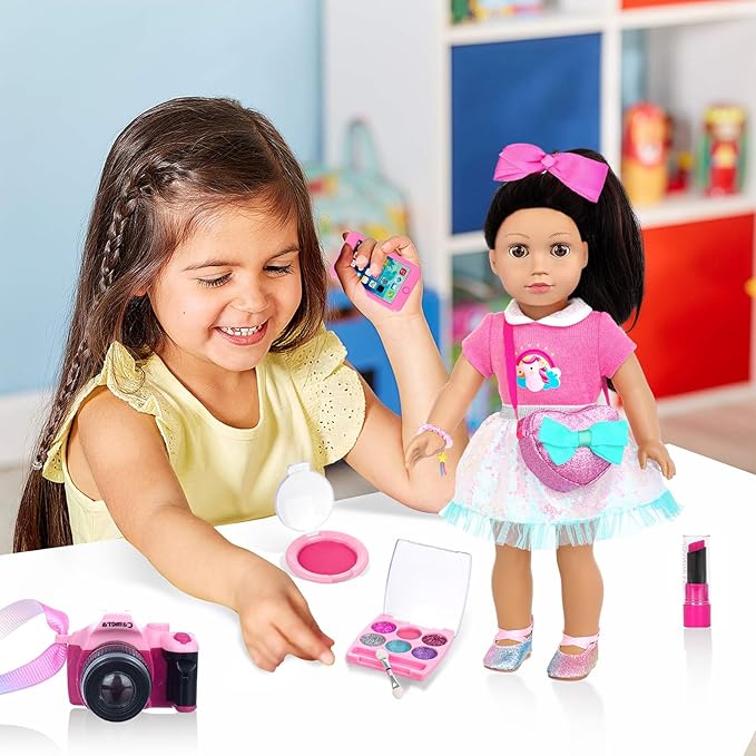 American 18 Inch Doll Clothes and Makeup Accessories Set - Includes Top and Skirt, Bag,Camera,Cell Phone,Eye Shadow,Blush,Bracelet,Lipstick,Bow Hair Clips (NO Doll)