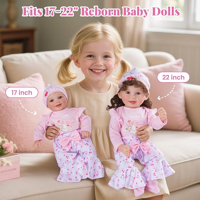 BABESIDE 5 Pcs Reborn Baby Doll Clothes for 17–22 Inch Reborn Babys Dolls, Floral Bunny Design Outfit with Romper, Pants, Hat & Socks, Reborn Baby Doll Accessories Play