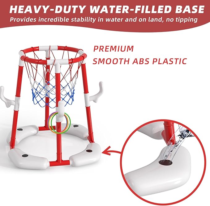 Pool Basketball Hoop for Kids 4-8 & 8-12 Years Old - 2-in-1 Floating & Above Ground Water Game with 4 Balls, 12 Rings & Pump, Outdoor Play Swimming Pool Toy for Adult Summer Party