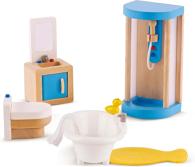 Hape Wooden Doll House Furniture Family Bathroom Set| Pretend Playset for Kid’s Wooden Dollhouse