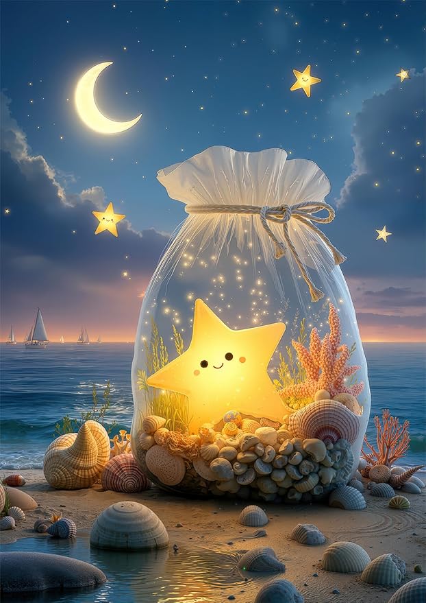 Glowing Starfish Beach 1000 Piece Puzzle for Adults - Cute Star in Bag & Night Ocean Art, Poster & Lettered Back, 20"x28" HD, Gift for Kids & Fantasy Lovers