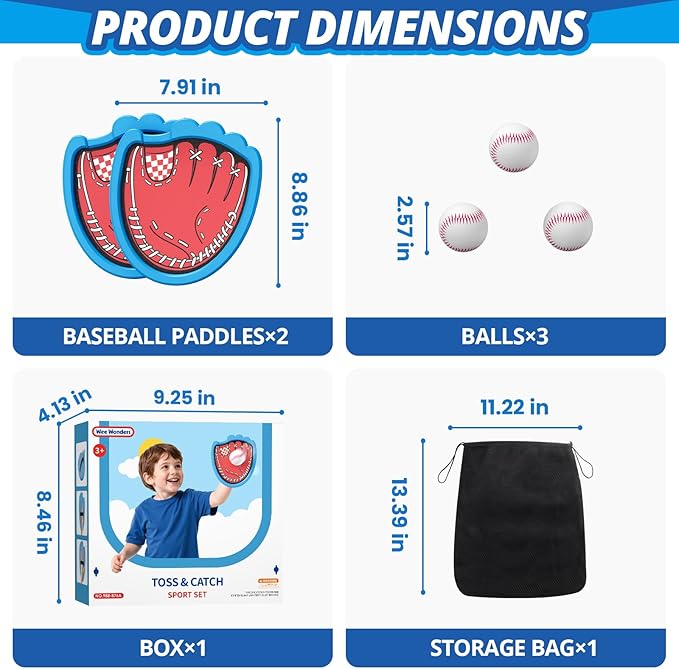 Toss and Catch Ball Set, Toddler Baseball Glove Includes 2 Paddles & 3 Sticky Balls, Catching Ball Game for Beach Yard Pool Outside, Indoor Outdoor Toys Gifts for Kids Ages 3-12, Blue