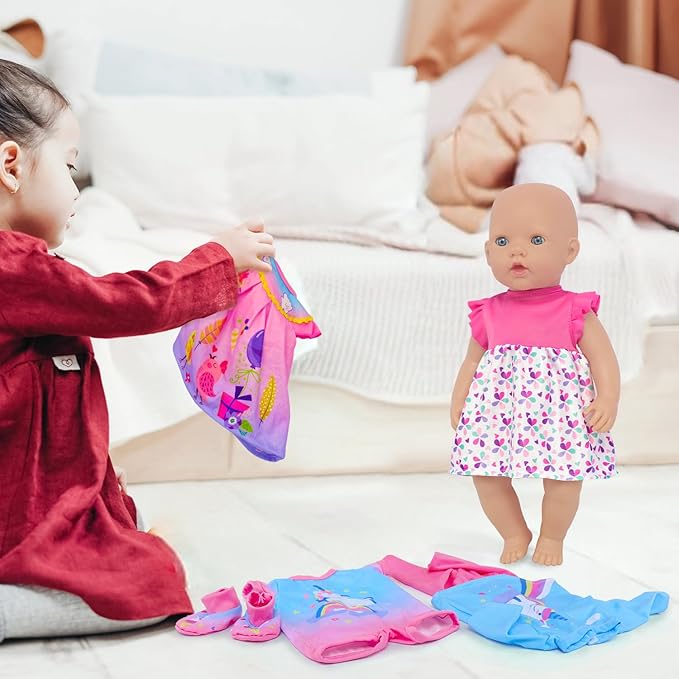ECORELF 4 Set Baby Doll Clothes for 13-16 Inch Dolls, 6 Pcs 14 Inch Doll Clothes Accessories Dress Outfits Include Skirts, Top, Pants, Jumpsuit