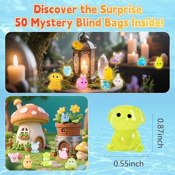 50 Pcs Mystery Bag Easter Day Gifts for Kids: Mini Resin Animals Glow in the Dark Figurines, Mini Figures Blind Bags for DIY Crafts, Fairy Garden Decor, Dollhouse Accessories, Party Favors
