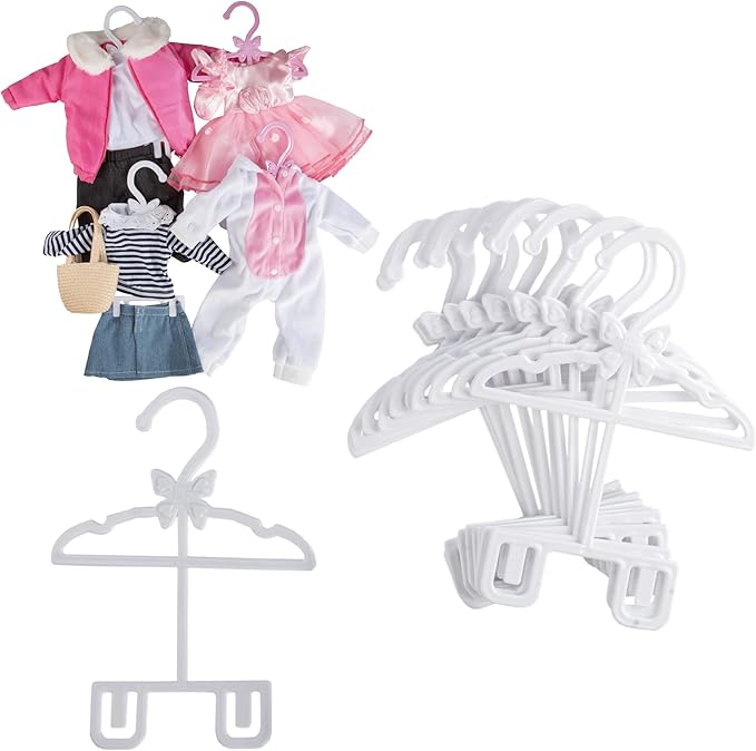 Dress Along Dolly Doll Full-Outfit Clothes Hangers for 18" Doll Clothes- 12pk Unique Design Compatible w American Girl Holds Your Top & Bottom at Once Including Dresses, Pants, Shirts, Skirts - White