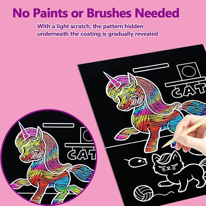 JUNQIU Scratch Art for Kids, Rainbow Scratch Paper Art Set - Unicorn, Arts and Crafts for Girls Boys Ages 4-8, Kid Activity & Christmas Crafts, Stocking Stuffers for Kids