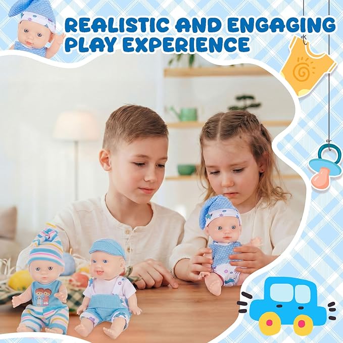 Halloscume 7 Inch Mini Baby Mini Reborn Doll Vinyl Full Body Lifelike Dolls Baby with Weighted Cloth Reborn Gift Set for Kids, Gifts for Christmas Kids(4 Pcs,Happy)