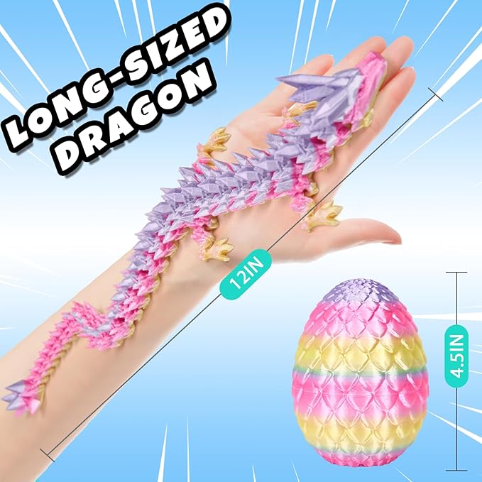 3D Printed Dragon Easter Egg, Mystery Crystal Articulated Dragon Fidget Toys, Surprise Prefilled Easter Egg Filled with Toy - Basket Essentials Stuffers for Kids Girls Boys (Random Candy Colors)