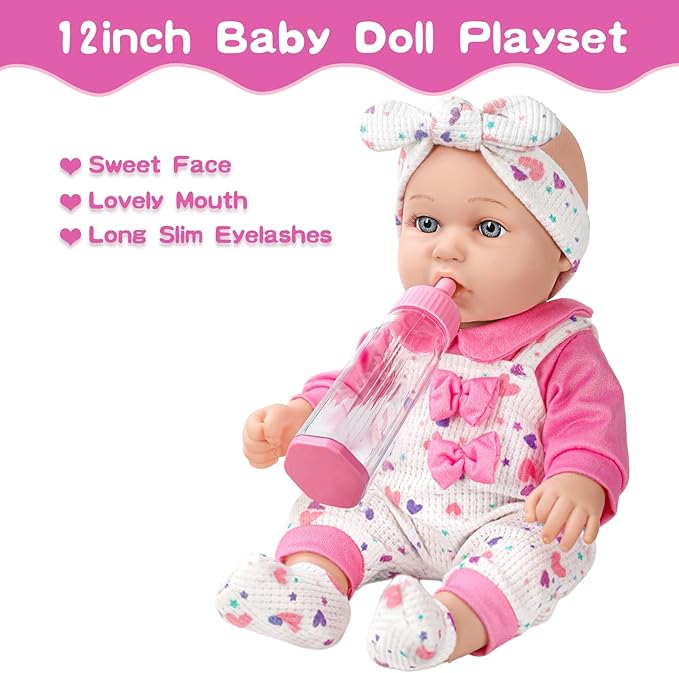 XFEYUE 12" Baby Doll with Pink Bowknot Clothing Set,12 Inch Realistic Baby Dolls with Clothes and Accessories,Pacifier Bottle Toy Pretend Play Collection for 3+ Child Girls Gifts
