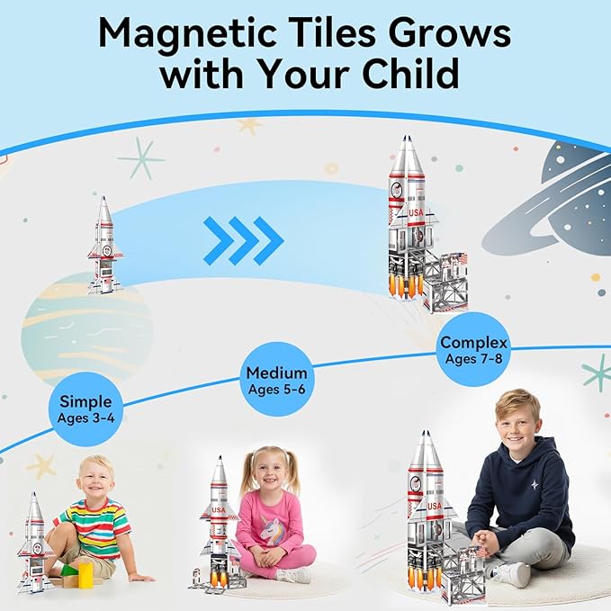 Magnetic Tiles Space Rocket Set,46 PCS Magnetic Building Blocks for Kids 3+, STEM Learning Toys, Safe & Durable Creative Construction Play, Gift for Boys & Girls