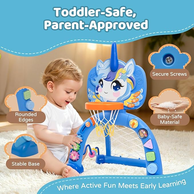 Basketball Hoop & Soccer Goal for Toddlers – 3-in-1 Sports Play Set with Ring Toss | Indoor Outdoor Activity Toy for 1 2 3 Year Old Boys | Birthday for Active Play (Blue)