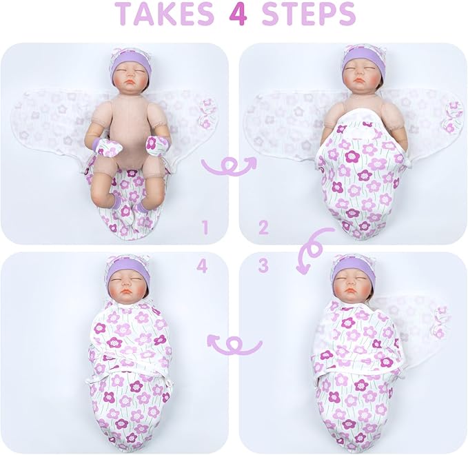 Reborn Baby Dolls Blanket with 4pcs Accessories Set for 17-22 Inch Reborn Baby Doll Clothes Purple Flower Swaddle Blanket Hat Outfit