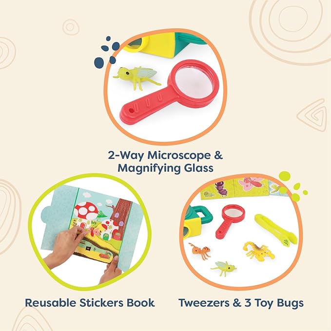 B. toys – 9 Pieces Toy Microscope Set with Sticker Book, Magnifying Glass & Tweezers, Includes 4 Toy Bugs for Little Explorers, STEM Learning, Educational Toys for Kids 4+ Years