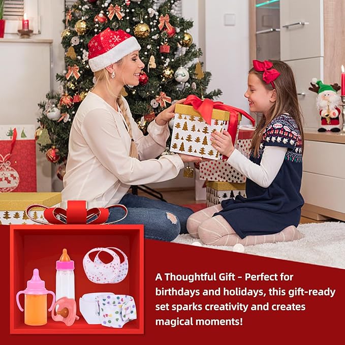 CARANOVO Baby Doll Accessories Set – 7 Pcs Feeding and Caring Set with Magic Disappearing Bottles, Pacifier, Diapers and Bibs Doll Pretend Play Gift for Kids