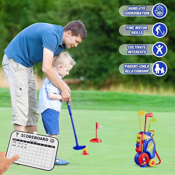 Toddler Golf Set 2-4 Years, Kids Golf Club with 8 Balls, 4 Plastic Clubs, Putting Mat, Scoreboard, Storage Bag, Indoor Outdoor Game with Golf Cart Sport Toy Gift for Baby Boys Girls Age 3-5, Blue