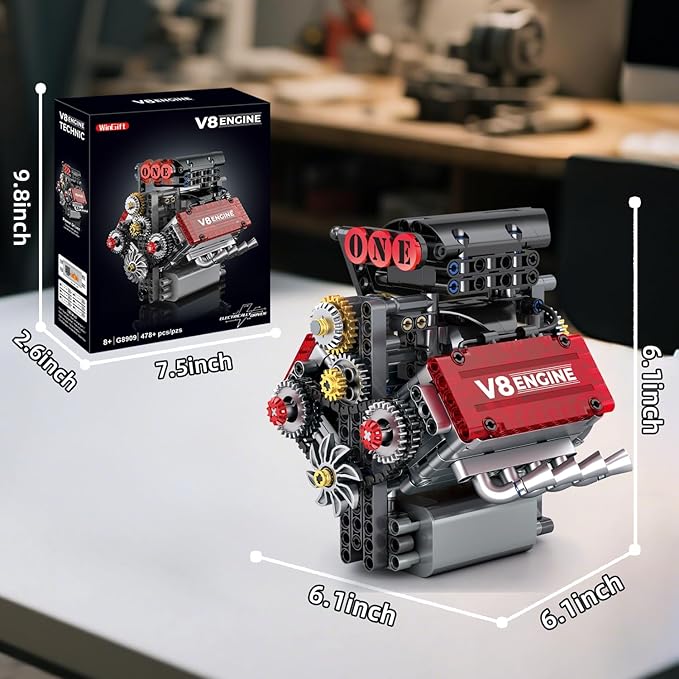 V8 Engine Building Set,V8 Engine Model kit that Run,Build Your Own STEM Mini V8 Model Engine Kit with Battery and Motor,8-Cylinder Car Engine Building Engineering Toys for Kids Adults(478PCS)