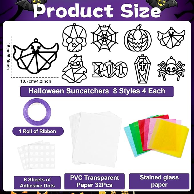 32 Sets Halloween Suncatchers Craft Kit DIY Window Stained Glass Effect Ghost Spider Skull Pumpkin Paper Crafts Home School Classroom Decoration Kid Birthday Gift Creative Art Project Activity Game